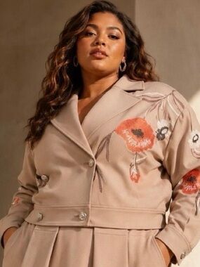 Ming Wang Embroidered Beige Floral Blazer Jacket